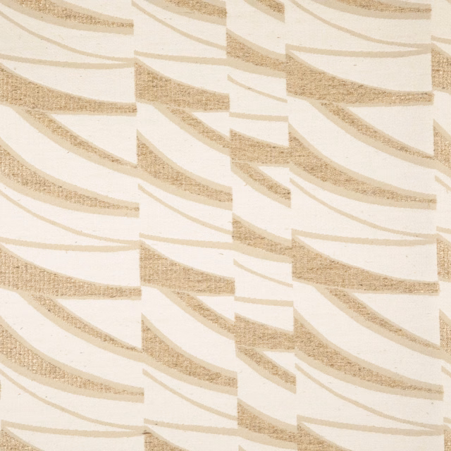 Cream and beige fragmented woven bands in a softly textured geometric repeat