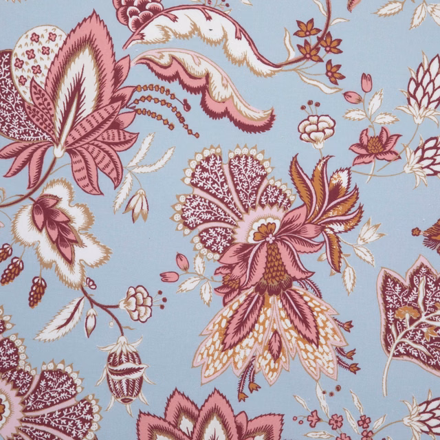 Dusty blue fabric with burgundy, blush and cream botanical floral sprays