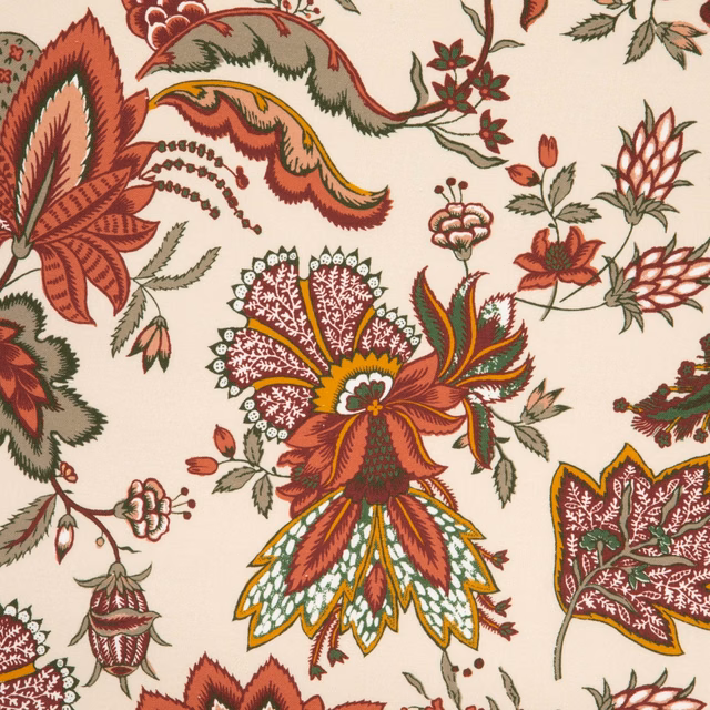 Warm ivory floral print with terracotta blooms, paisley leaves and olive stems