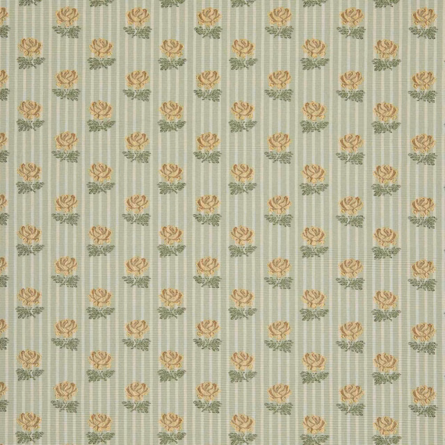 Pale almond textile with sage stripes and small gold-peach floral sprigs
