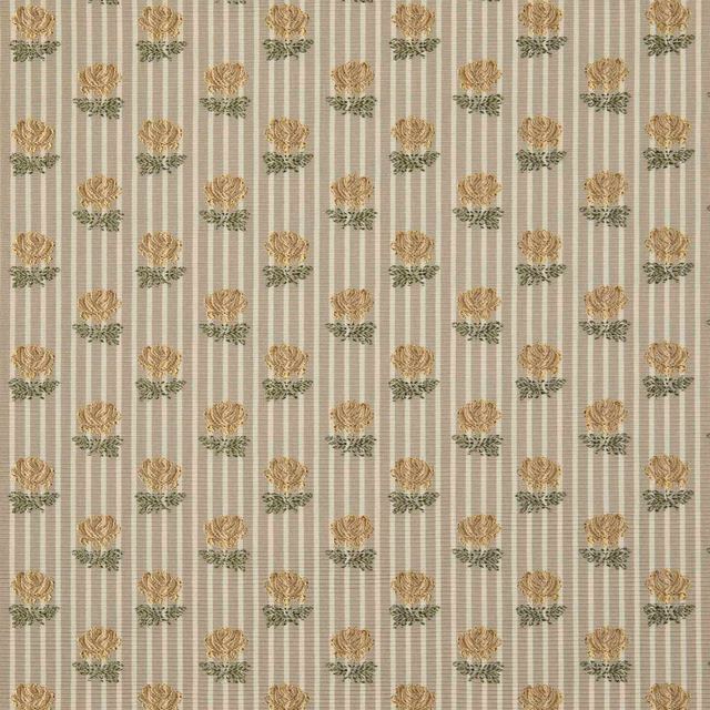 Warm beige striped fabric with small ochre and sage floral sprays in a regular repeat
