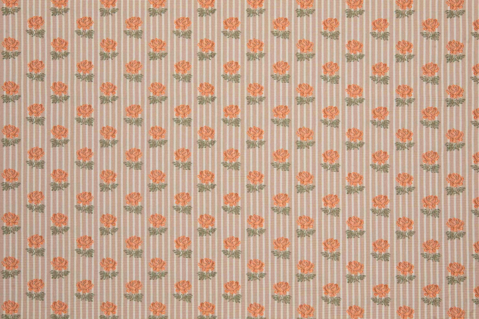 Pale blush-beige striped textile with coral flower sprigs and sage leaves