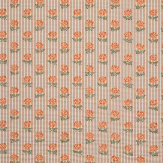 Pale blush-beige striped textile with coral flower sprigs and sage leaves