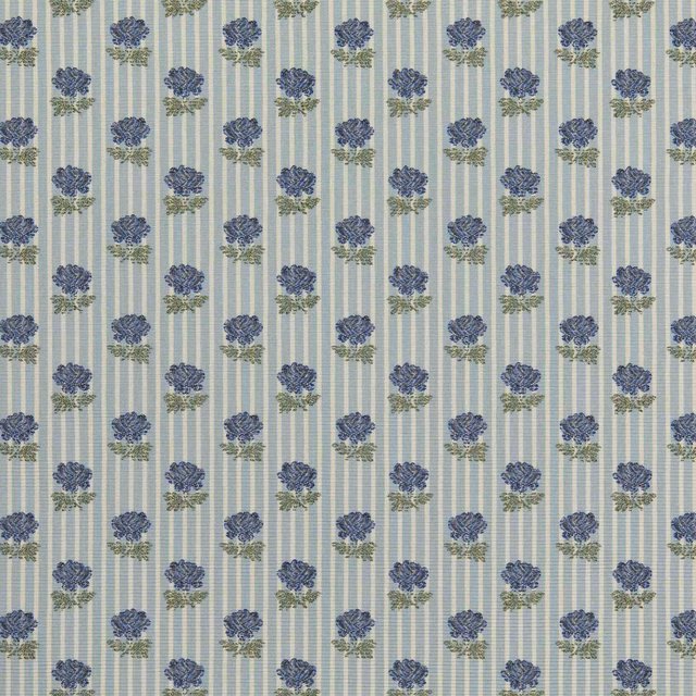 Pale sage striped fabric with repeating blue floral sprigs and olive-green stems