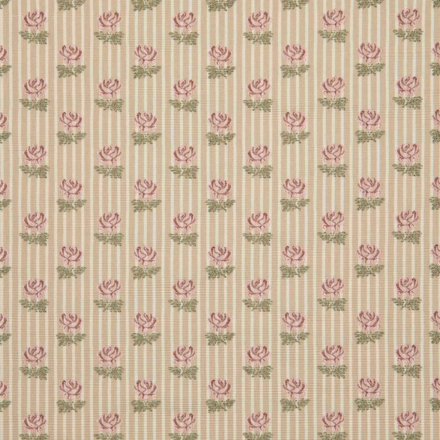 Cream striped textile with repeating blush flowers and muted green foliage