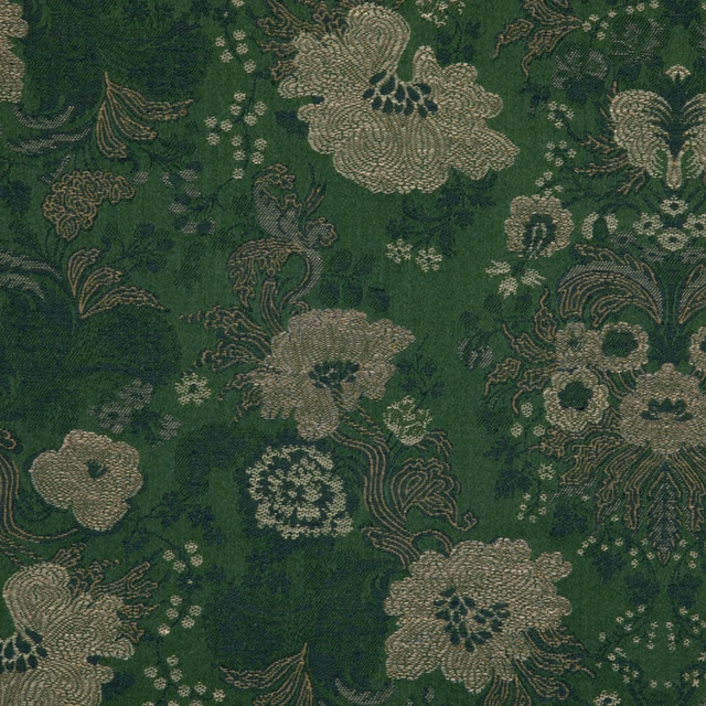 Dark moss-green textile with taupe floral sprays and ornate botanical motifs