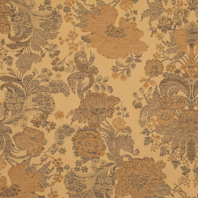 Antique gold floral textile with oversized blooms, scrolling leaves and charcoal botanical linework