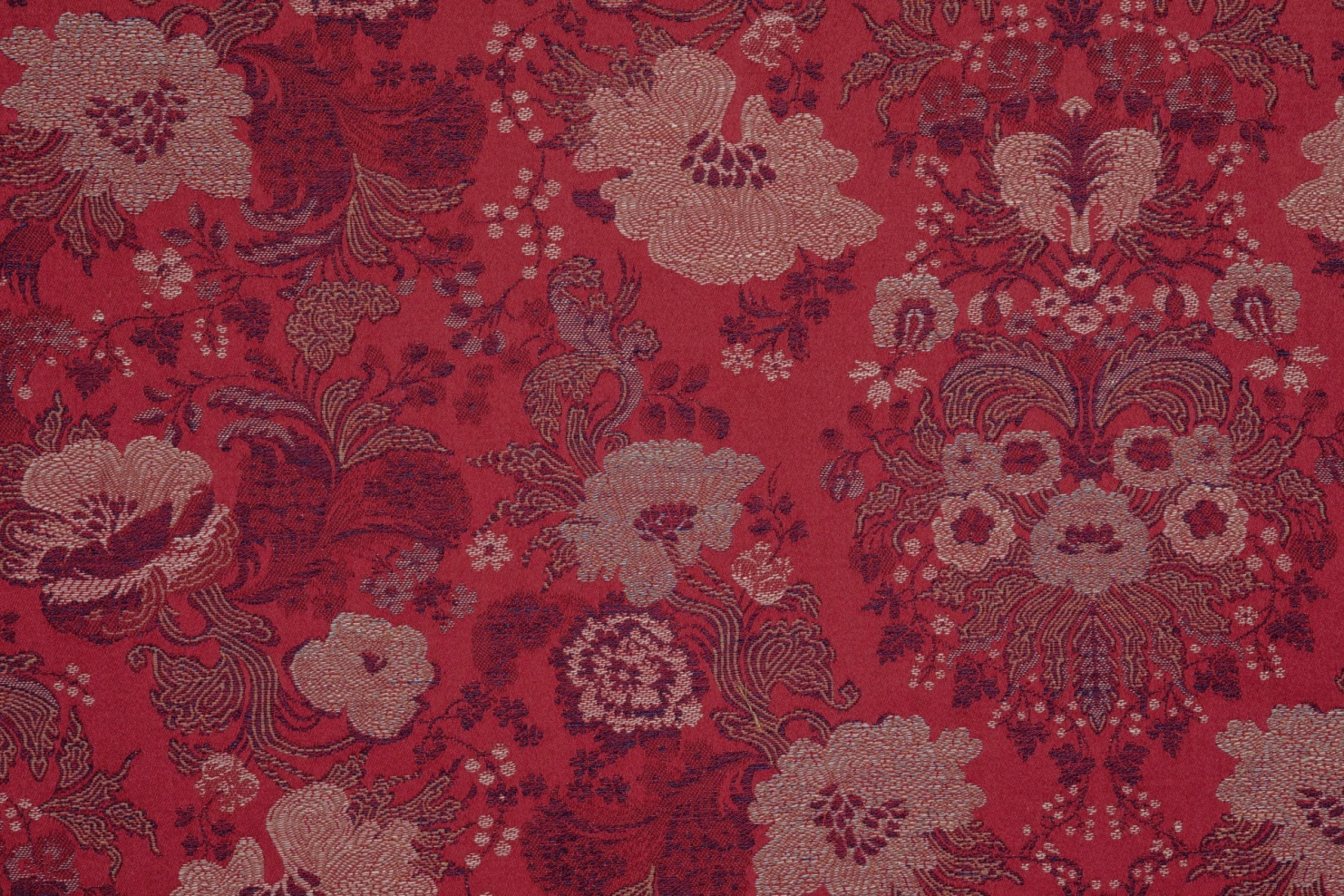 Deep garnet floral fabric with taupe blooms, blush petals and scrolling foliage