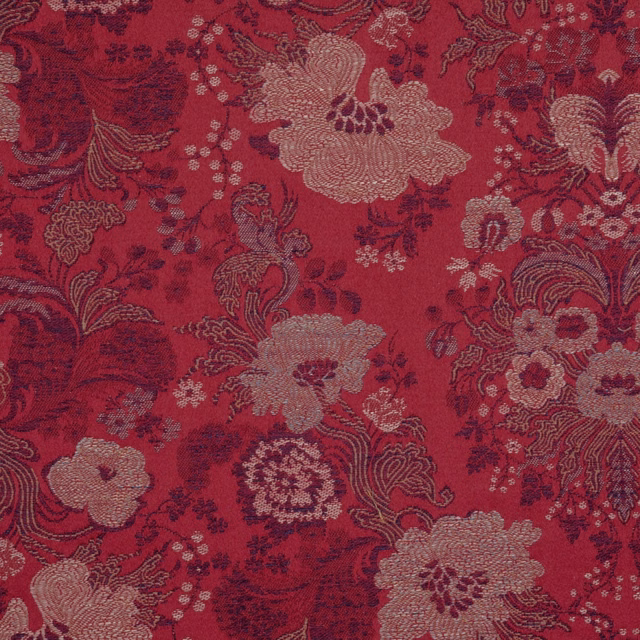 Deep garnet floral fabric with taupe blooms, blush petals and scrolling foliage
