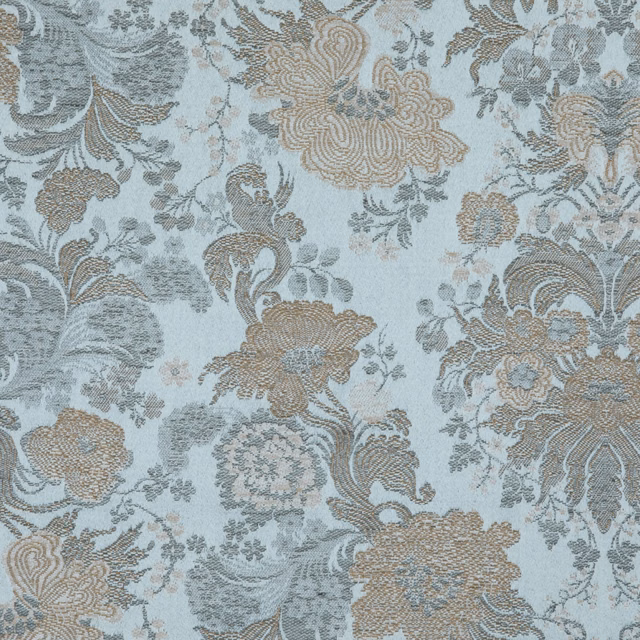 Pale blue woven fabric with taupe floral bouquets, scrolling leaves and textured motifs