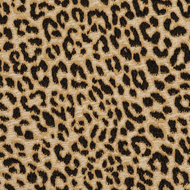 Warm beige textile with dense black and brown leopard spots and fine visible texture