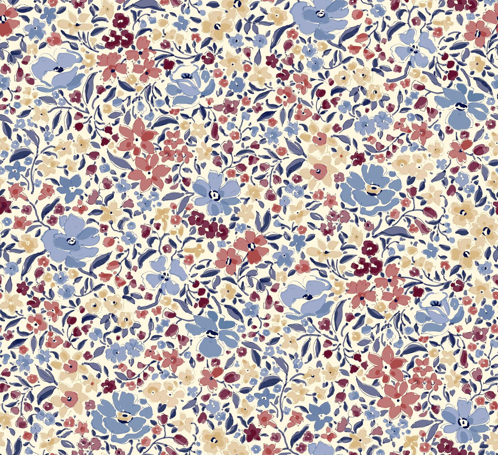 Dense Fleurettes floral print in dusty blue, blush, burgundy and cream