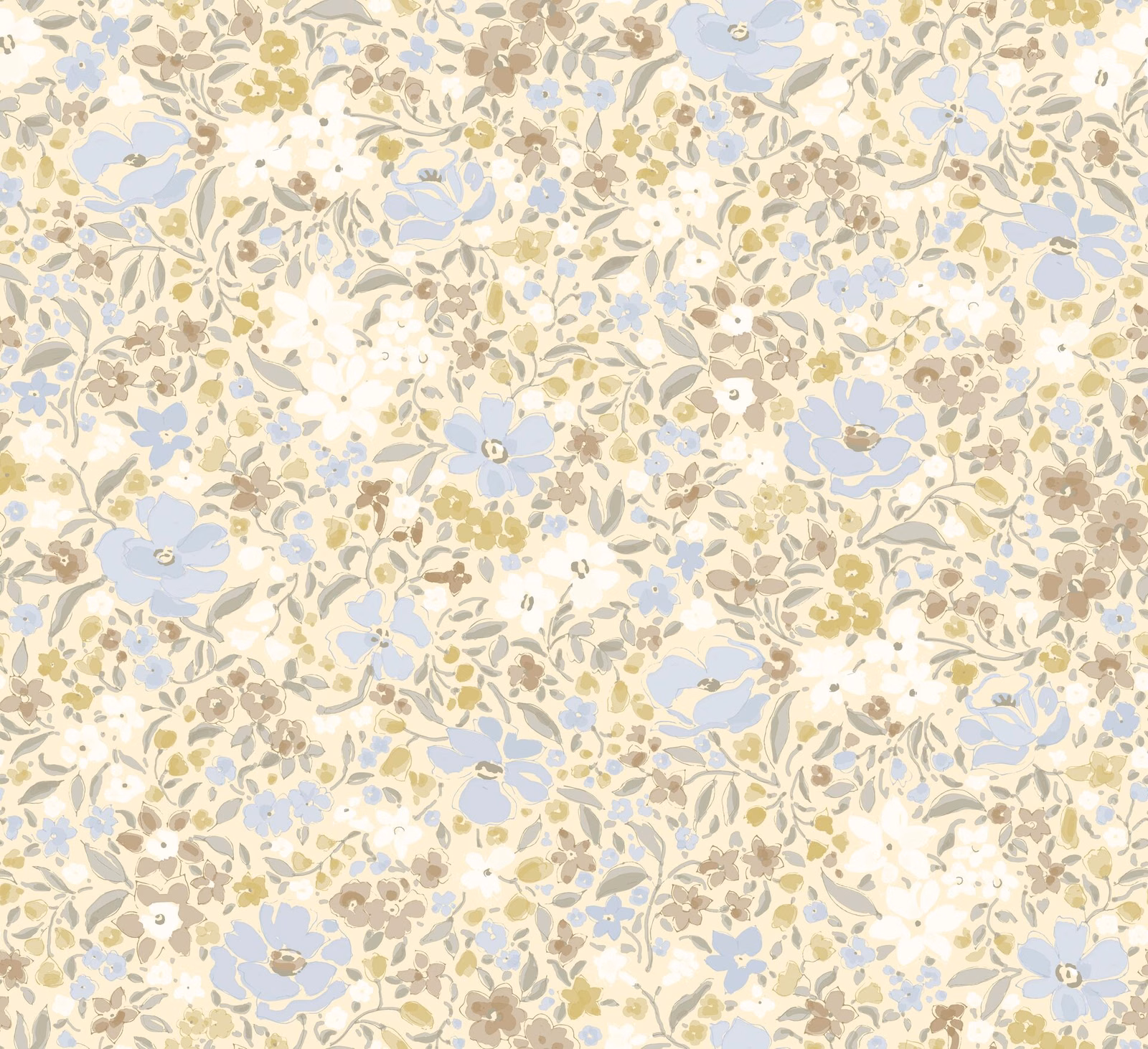 Cream floral textile with powder-blue blossoms, taupe leaves and pale olive sprigs