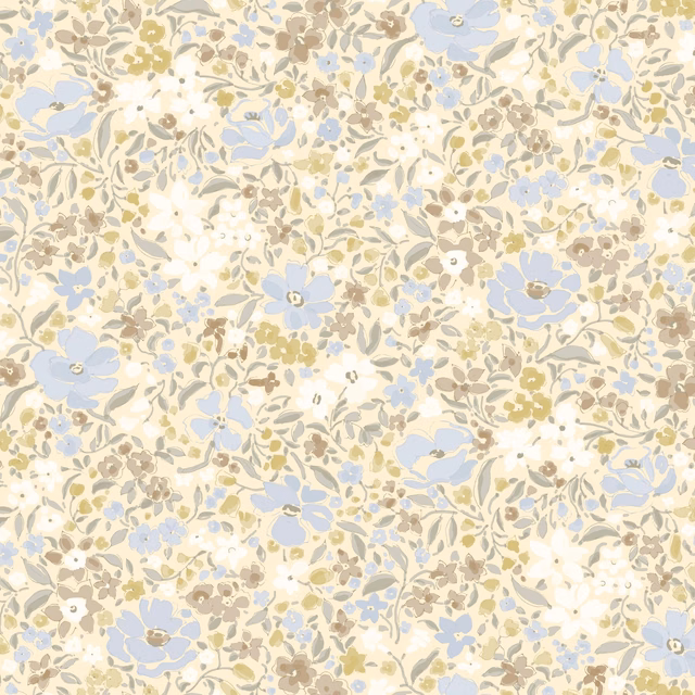 Cream floral textile with powder-blue blossoms, taupe leaves and pale olive sprigs