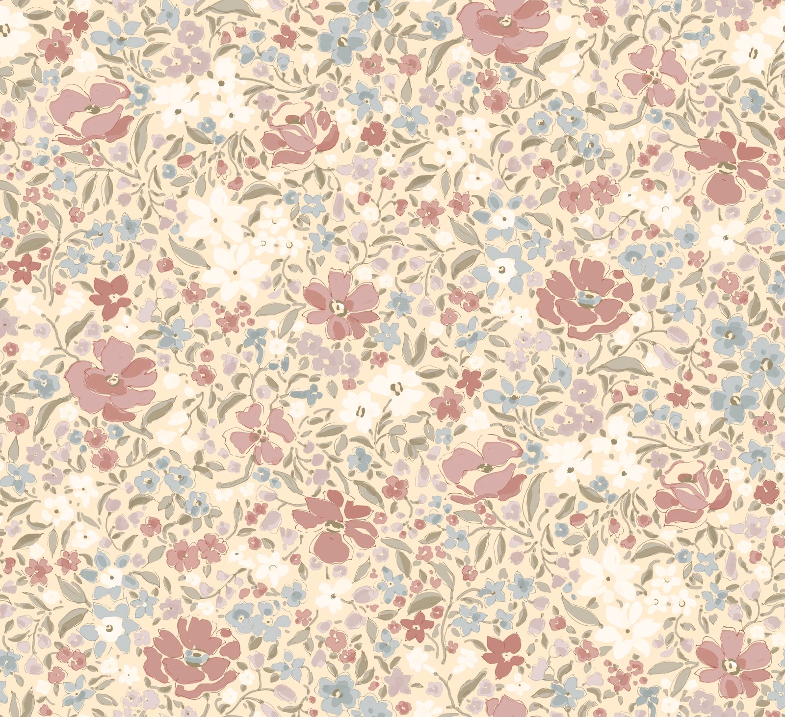 Dense cream floral fabric with dusty rose, blue, sage and yellow blossoms