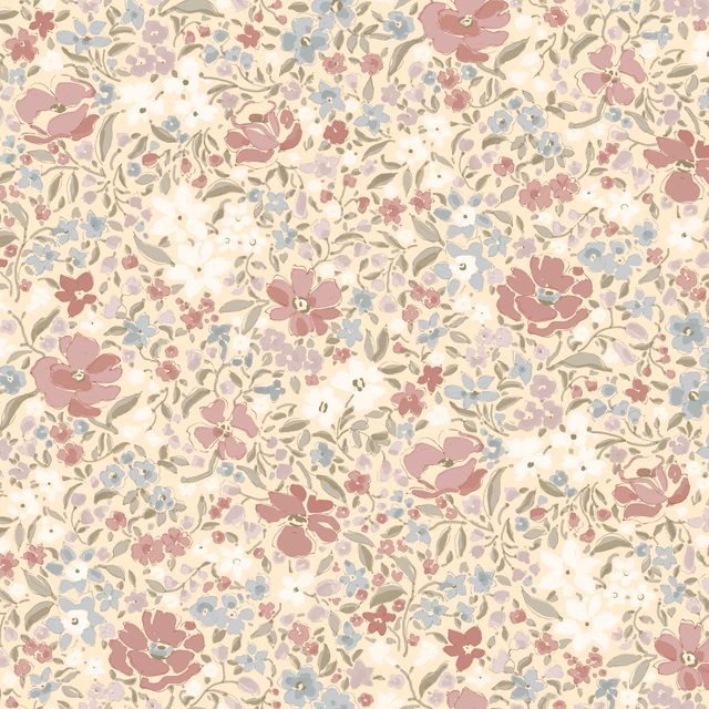 Dense cream floral fabric with dusty rose, blue, sage and yellow blossoms