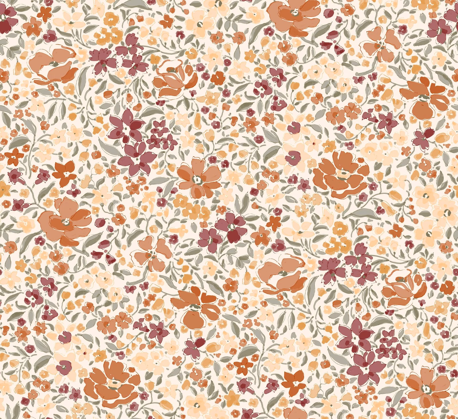 Dense floral fabric on a warm cream ground with rust, burgundy and sage-green blooms