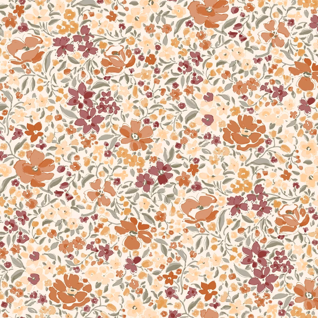 Dense floral fabric on a warm cream ground with rust, burgundy and sage-green blooms