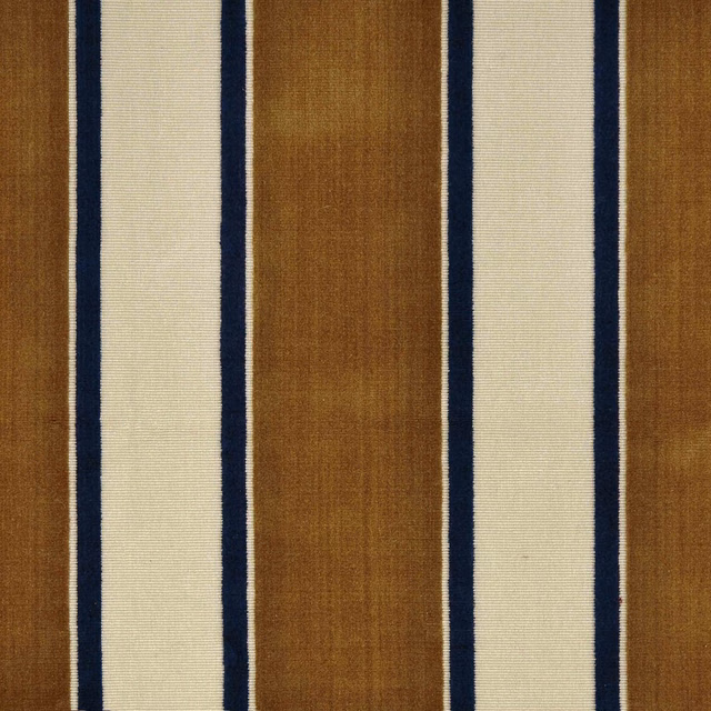 Warm camel and cream vertical stripes edged with narrow navy lines in a textured weave