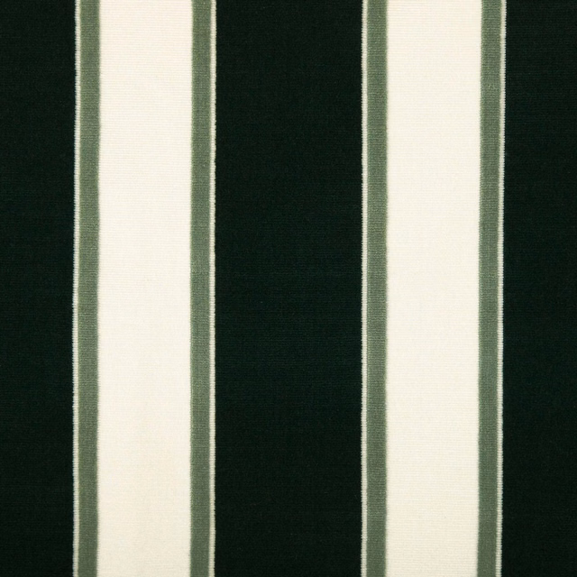 Deep forest green and ivory vertical stripes with fine sage edging on woven cloth