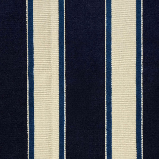 Deep navy and cream vertical striped textile with fine blue dividing lines