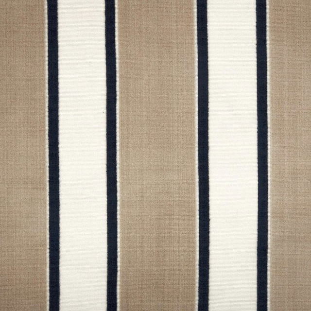 Warm beige and ivory striped textile with narrow dark navy lines and fine weave