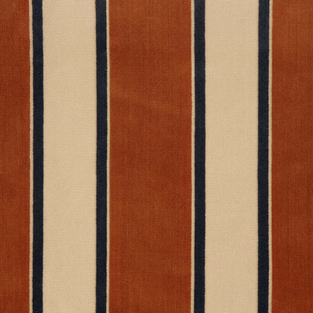 Warm terracotta and cream vertical stripes edged in deep charcoal on woven fabric
