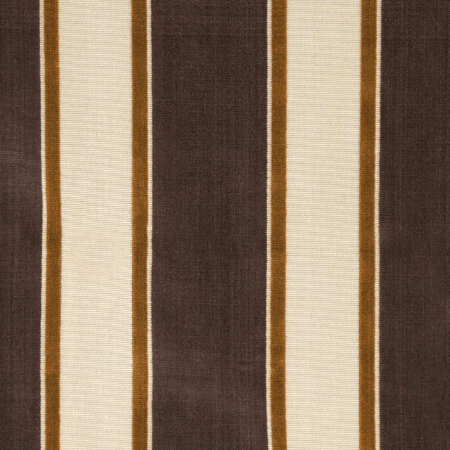 Chocolate brown and ivory vertical stripes with slim ochre lines on a woven textile