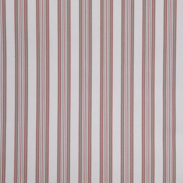 Dusty blush pink fabric with narrow taupe, grey and rose vertical stripes
