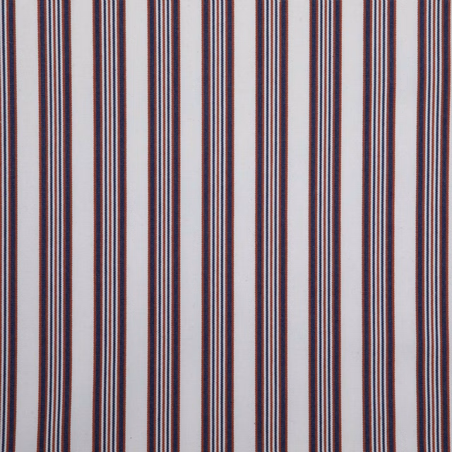 Cream fabric with narrow vertical navy and burgundy stripes