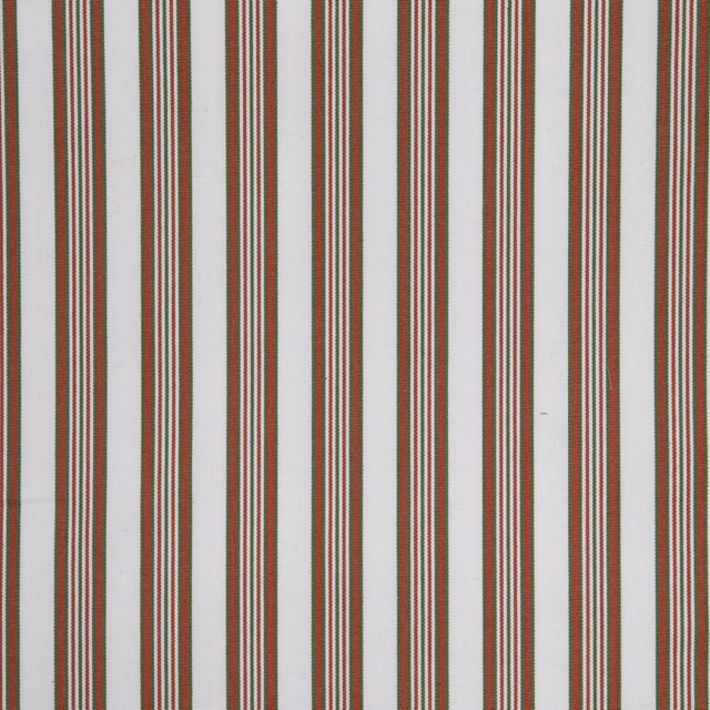 Cream textile with poppy-red vertical stripes and fine dark pinlines