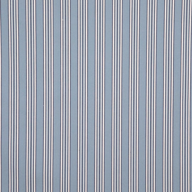Close-up of Houlgate Faience fabric with narrow blue-grey, white and charcoal vertical stripes
