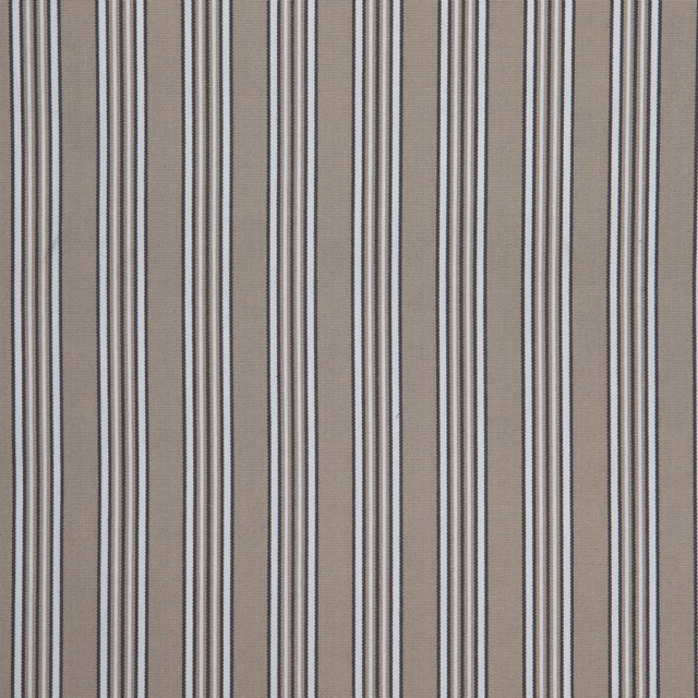 Warm taupe fabric with narrow black, grey and pale vertical woven stripes