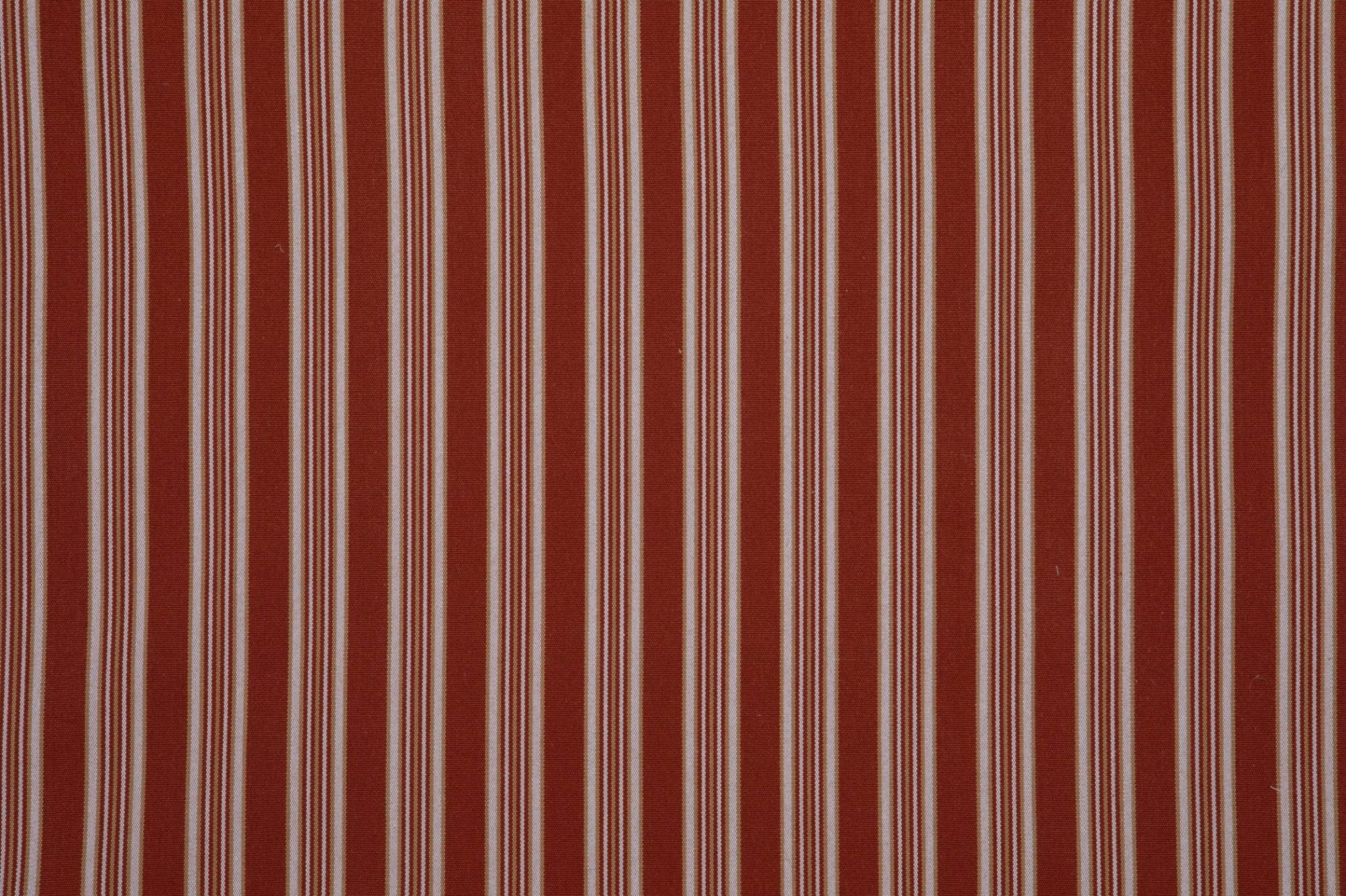 Warm terracotta striped textile with narrow cream and taupe vertical lines