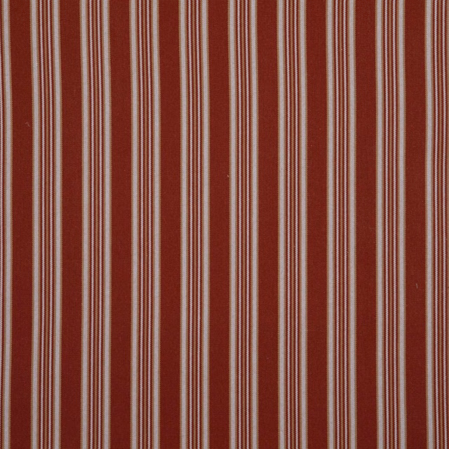 Warm terracotta striped textile with narrow cream and taupe vertical lines