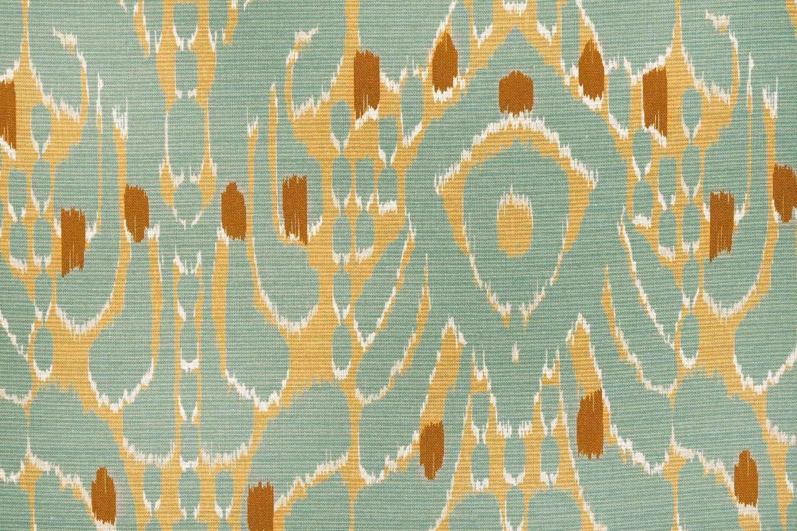 Celadon blue-green ikat with ochre, cream and brown woven motifs
