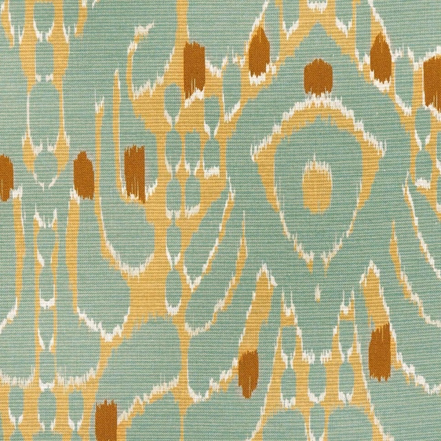 Celadon blue-green ikat with ochre, cream and brown woven motifs