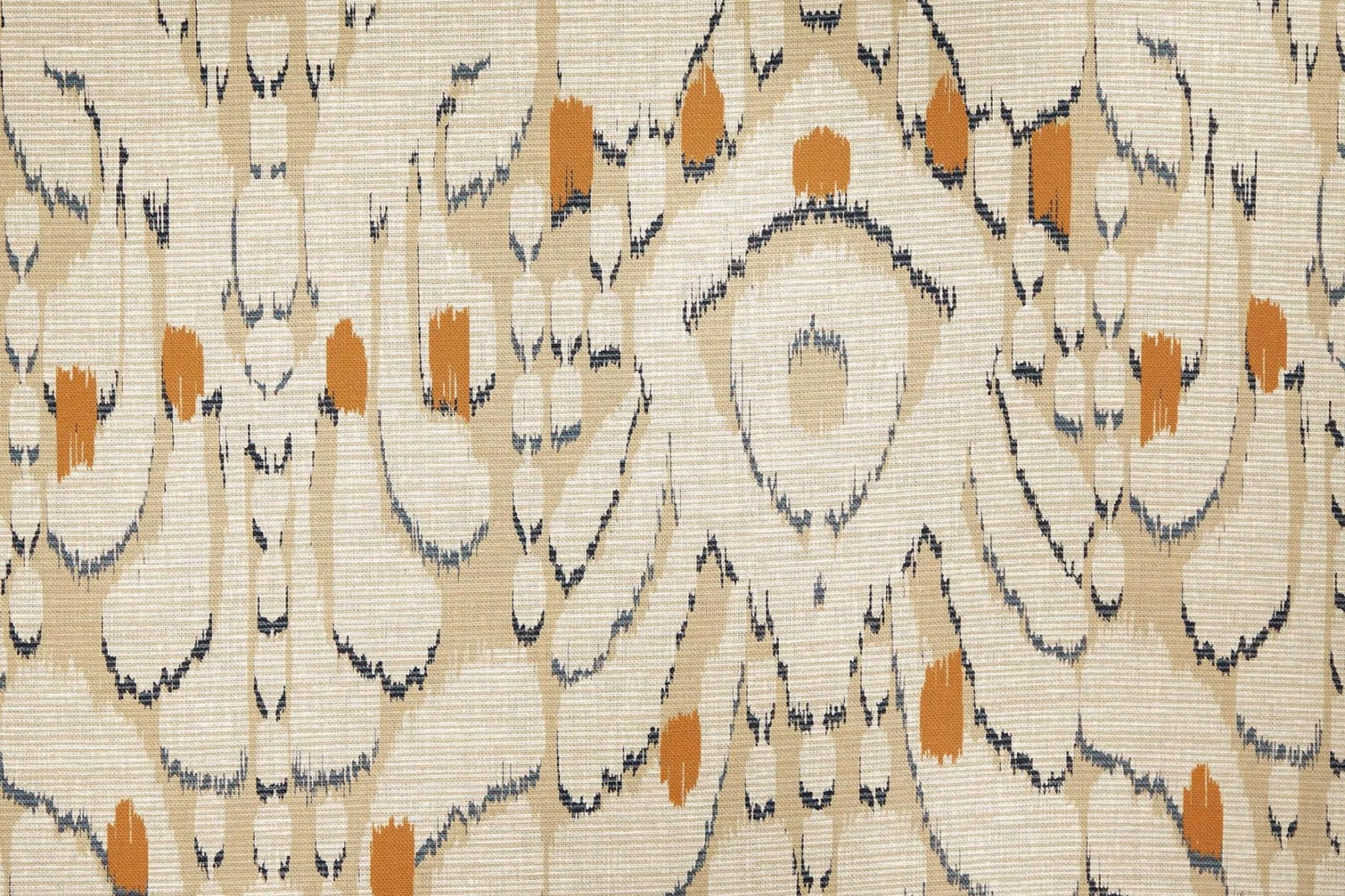 Cream woven Ikat with charcoal outlines and rust-orange floral accents