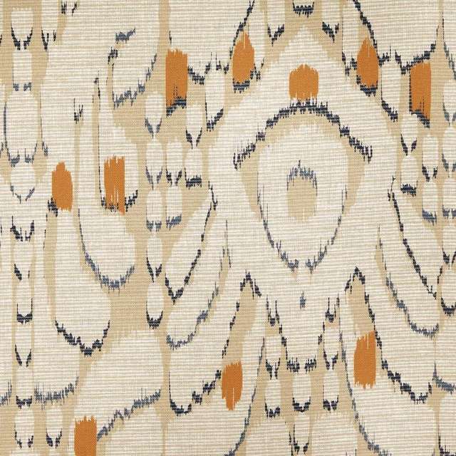 Cream woven Ikat with charcoal outlines and rust-orange floral accents