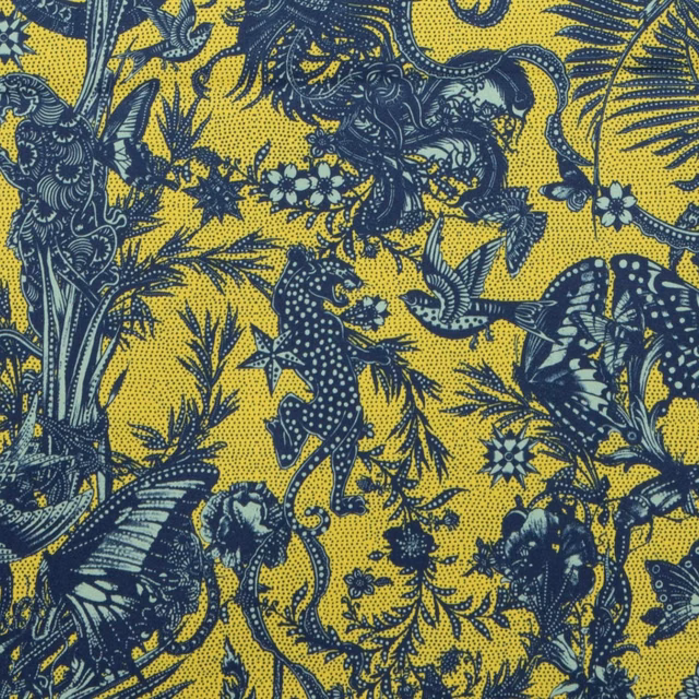 Warm lemon-yellow Javanaise with dense navy jungle foliage and animal motifs
