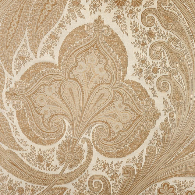 Warm taupe paisley fabric with cream ground and finely woven scrolling detail