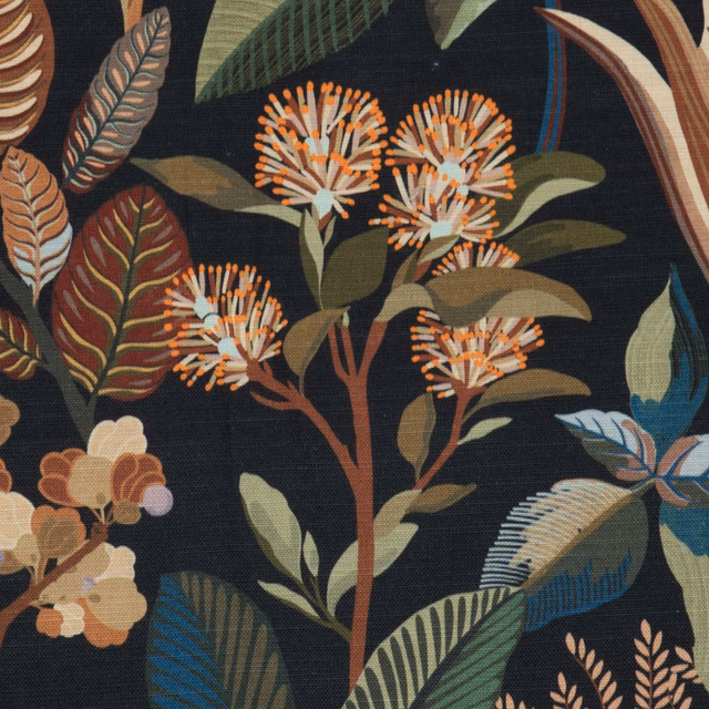 Charcoal botanical fabric with rust stems, olive leaves, teal accents and cream flowers