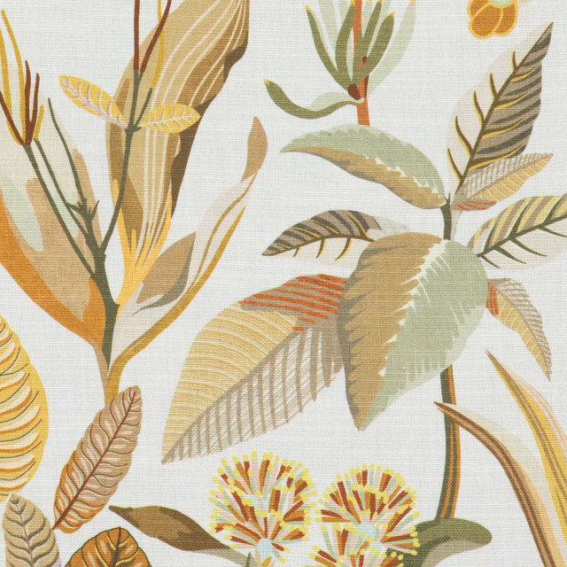 Pale natural botanical fabric with ochre, rust and sage leaves in fine weave