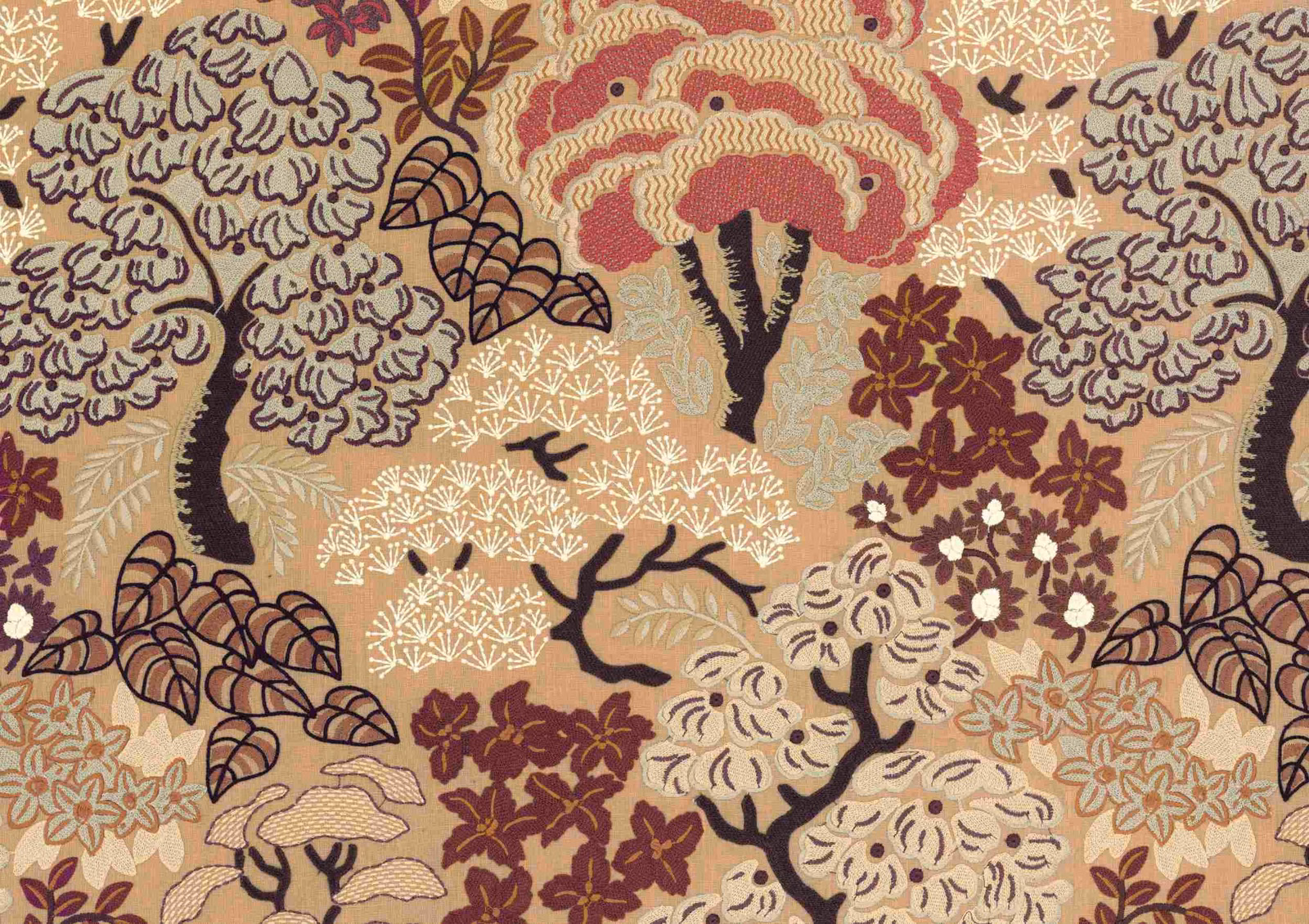 Camel botanical landscape with trees, blossoms and birds in burgundy and cream
