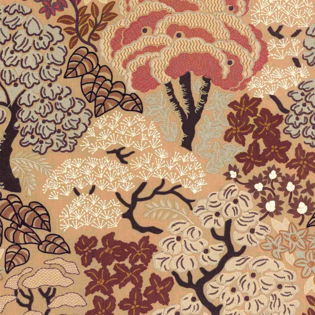 Camel botanical landscape with trees, blossoms and birds in burgundy and cream