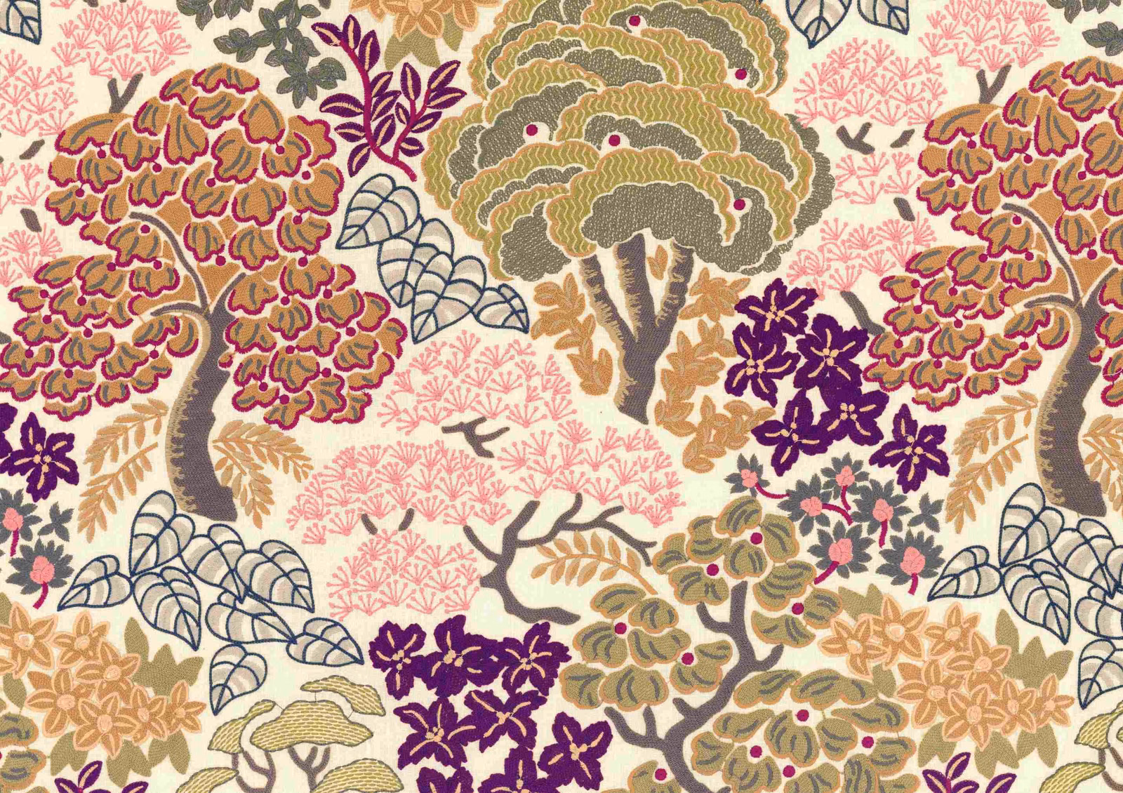 Warm ecru botanical fabric with olive trees, plum flowers and pink foliage
