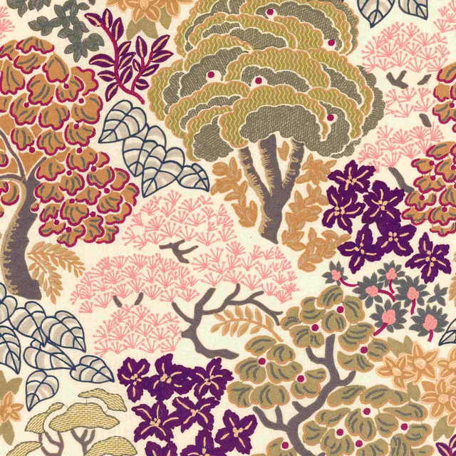 Warm ecru botanical fabric with olive trees, plum flowers and pink foliage