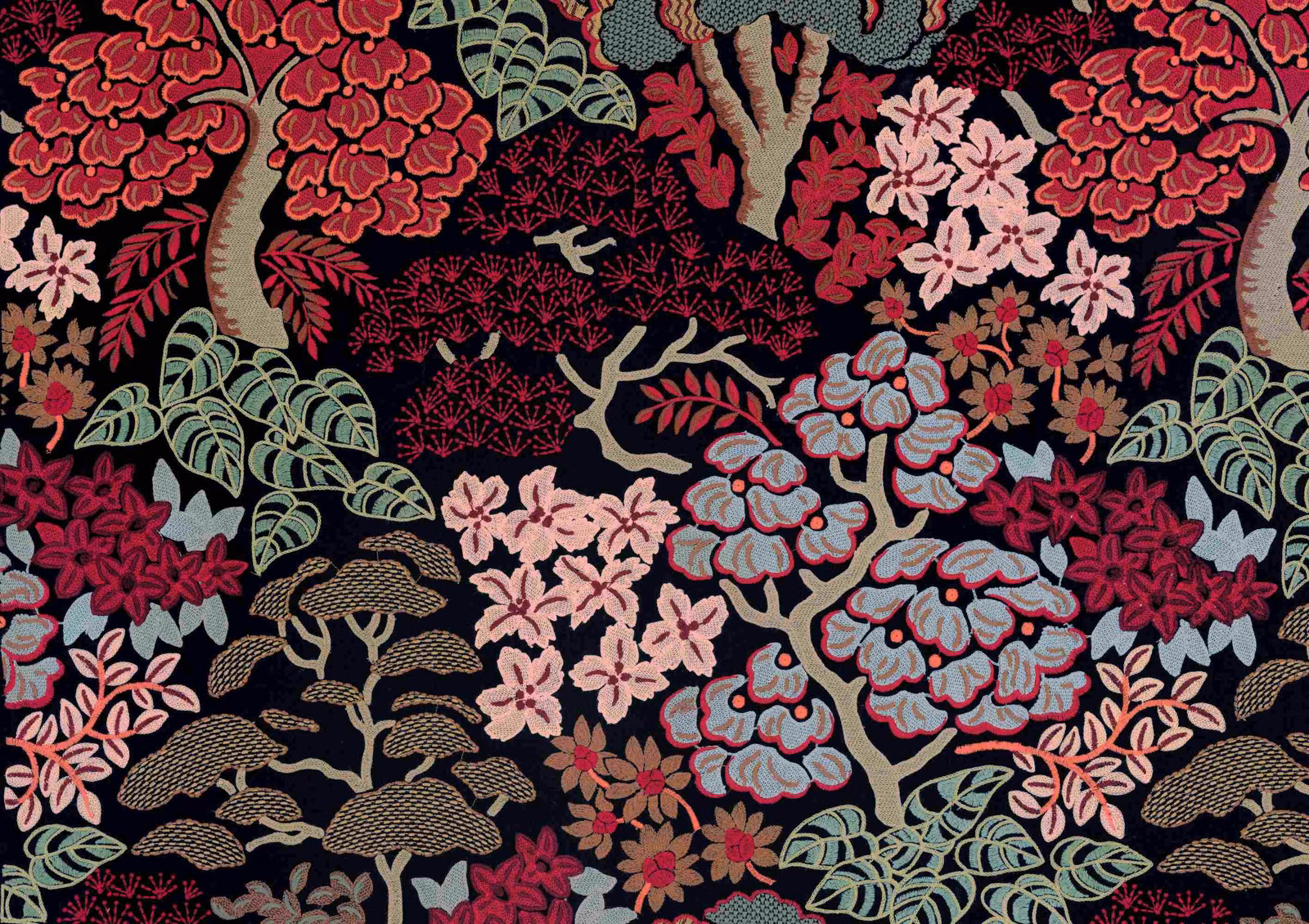 Black-ground botanical fabric with crimson flowers, pink blossoms, sage leaves and blue-grey foliage