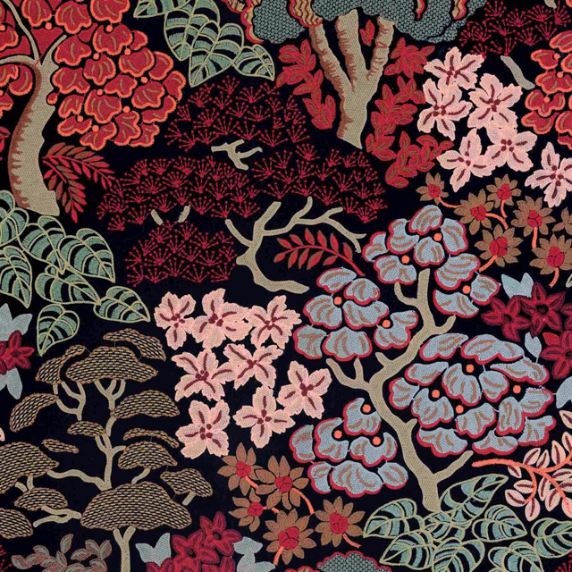 Black-ground botanical fabric with crimson flowers, pink blossoms, sage leaves and blue-grey foliage