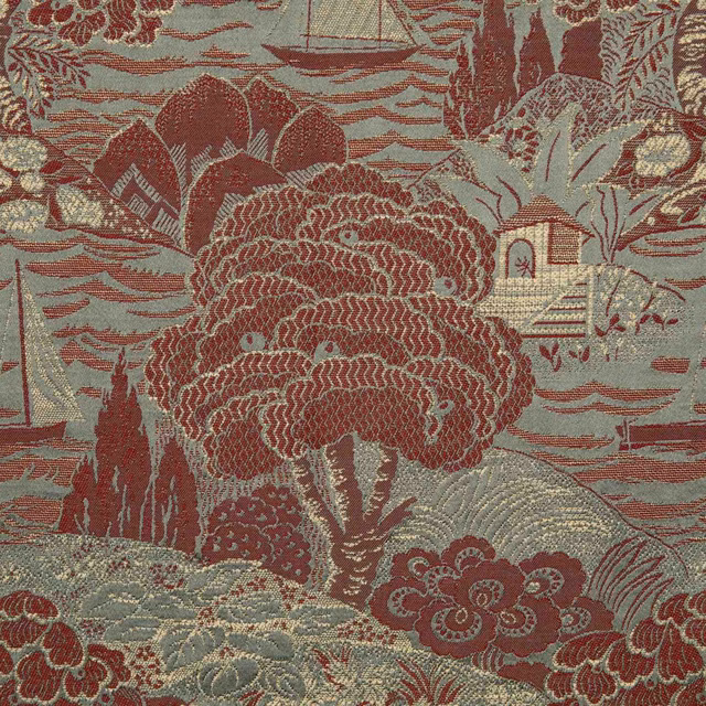 Muted celadon woven scene with burgundy boats, foliage, hills and buildings
